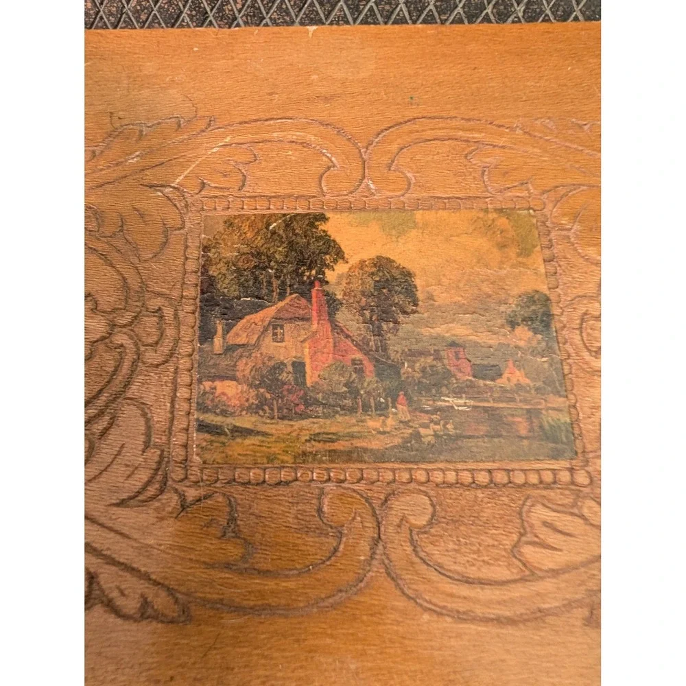 Vintage Wood Jewelry Box Hand Carved Cottage Landscape 11x7x4 AS IS